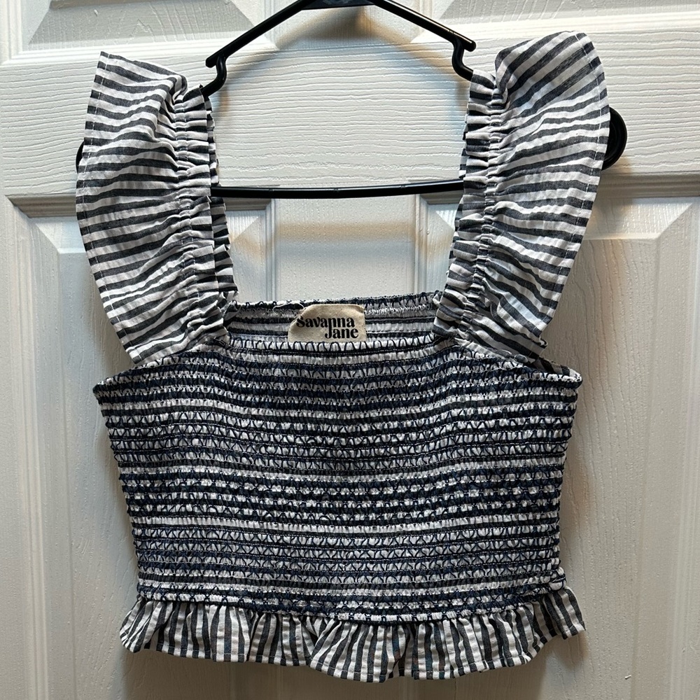 Savanna Jane Navy & White Smocked Ruffle Crop Top